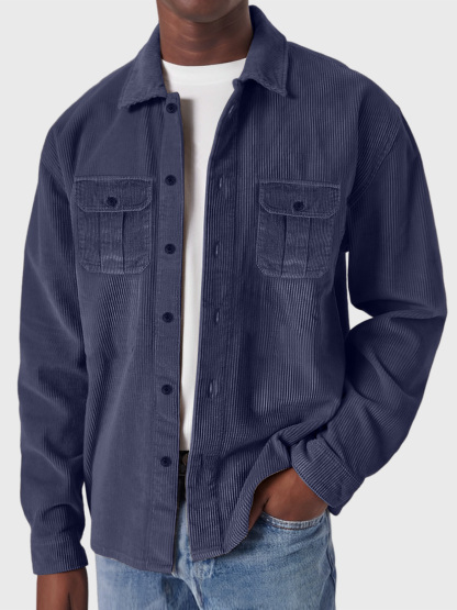 Men's Casual Corduroy Double Pocket Solid Color Long Sleeve Shirt