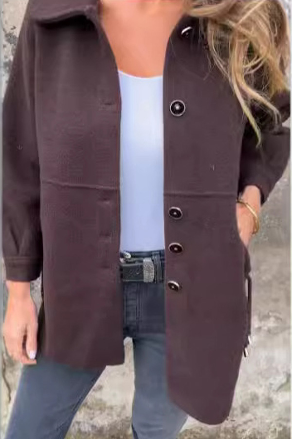 Casual Daily Solid Color Buttons Gross Turn-back Collar Outerwear Women Coat