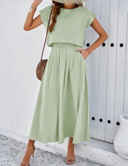2025 Summer Skirt Sets Women 2 Piece Outfits Cap Sleeve Top Elastic Waist Maxi Dress Sets with Pockets