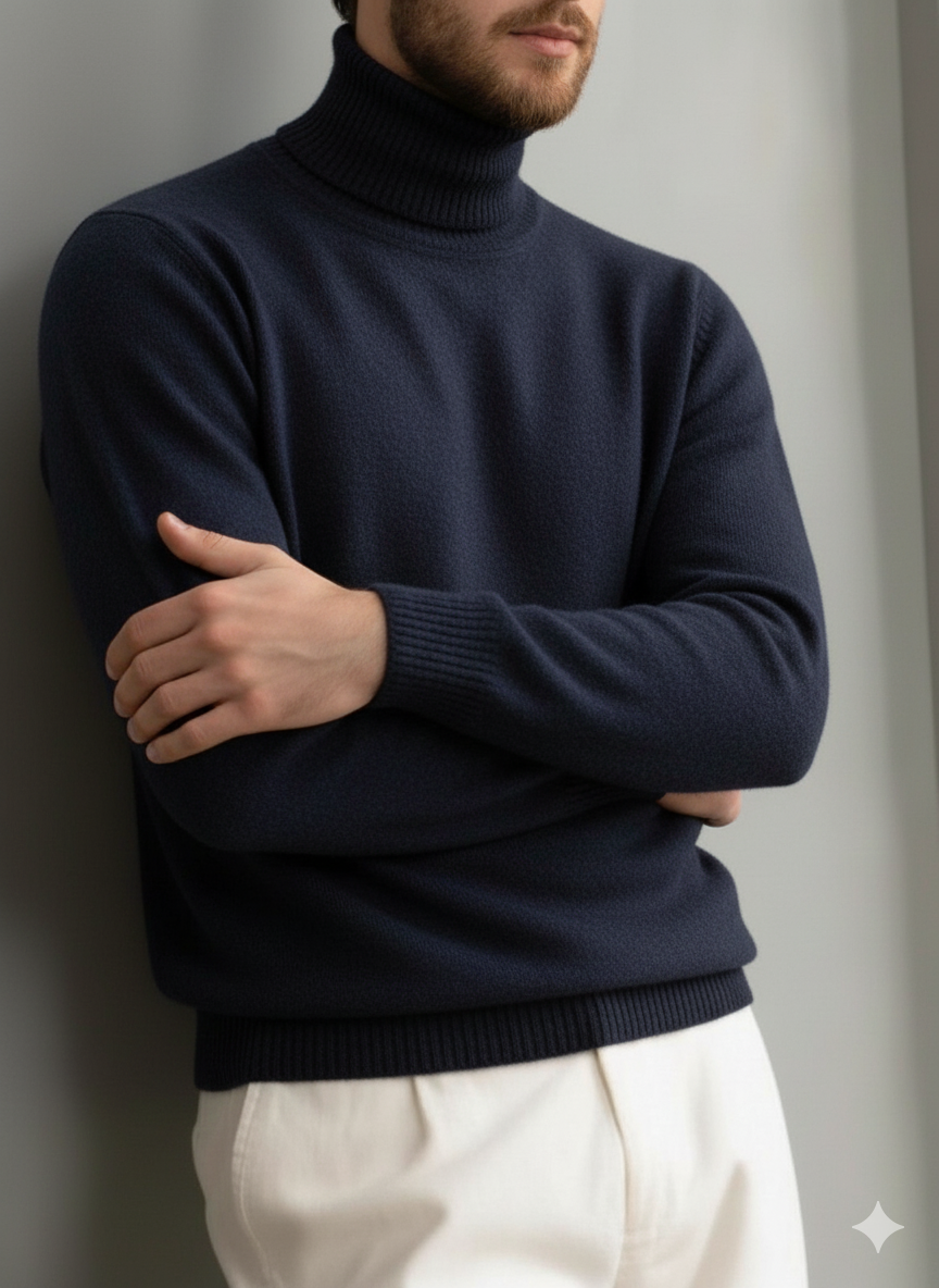 Men's comfortable textured cashmere turtleneck warm sweater