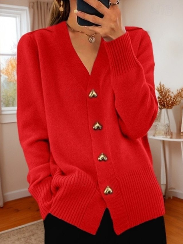 Women's Valentine Pink Sweater Cardigan Sweater Jacket V Neck Knit Button Knitted Spring Fall Daily Holiday Going out Cute Daily Soft Long Sleeve Pure Color Black White