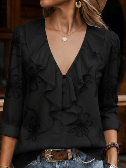 Vintage ruffled V-neck shirt with embroidered flowers