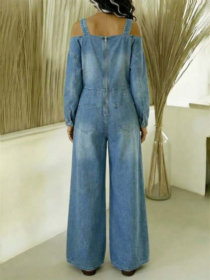 Women's Fashionable Off-the-shoulder Denim Jumpsuit