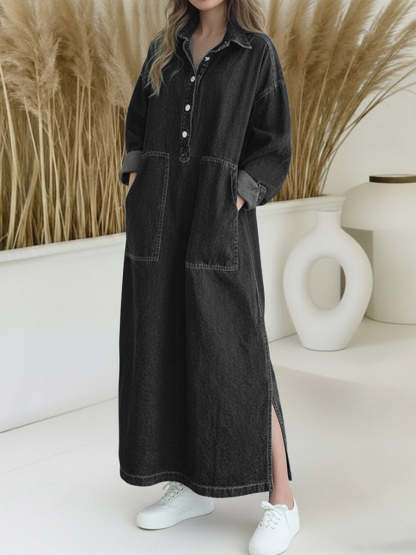 Women's Shirt Collar Long-sleeved Loose Casual Denim Dress