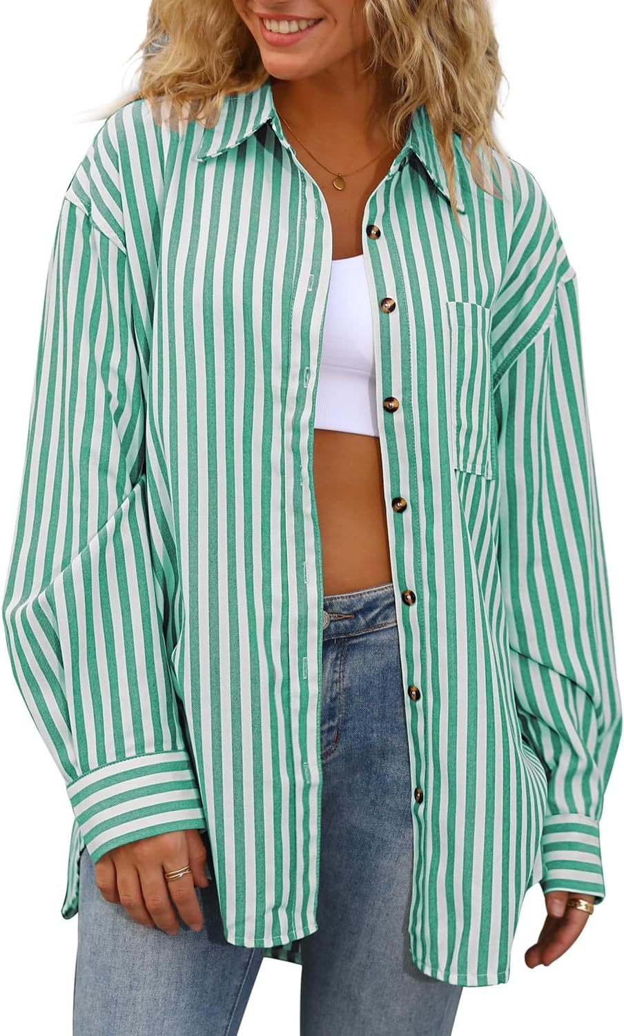 Womens Striped Button Down Shirt Casual Long Sleeve Blouse Top