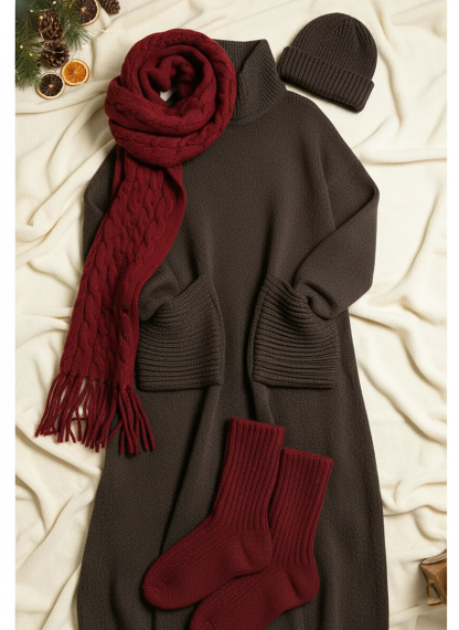 🎄 New Arrivals🔥 Women's Solid Color High-Neck Long-Sleeve Casual Loose Knit Dress