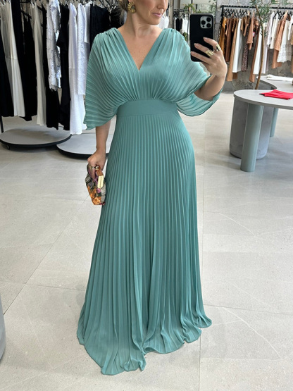 NEW🔥 V Neck Chiffon Back Tie Zipper Bat Sleeve Dress- Tax Free