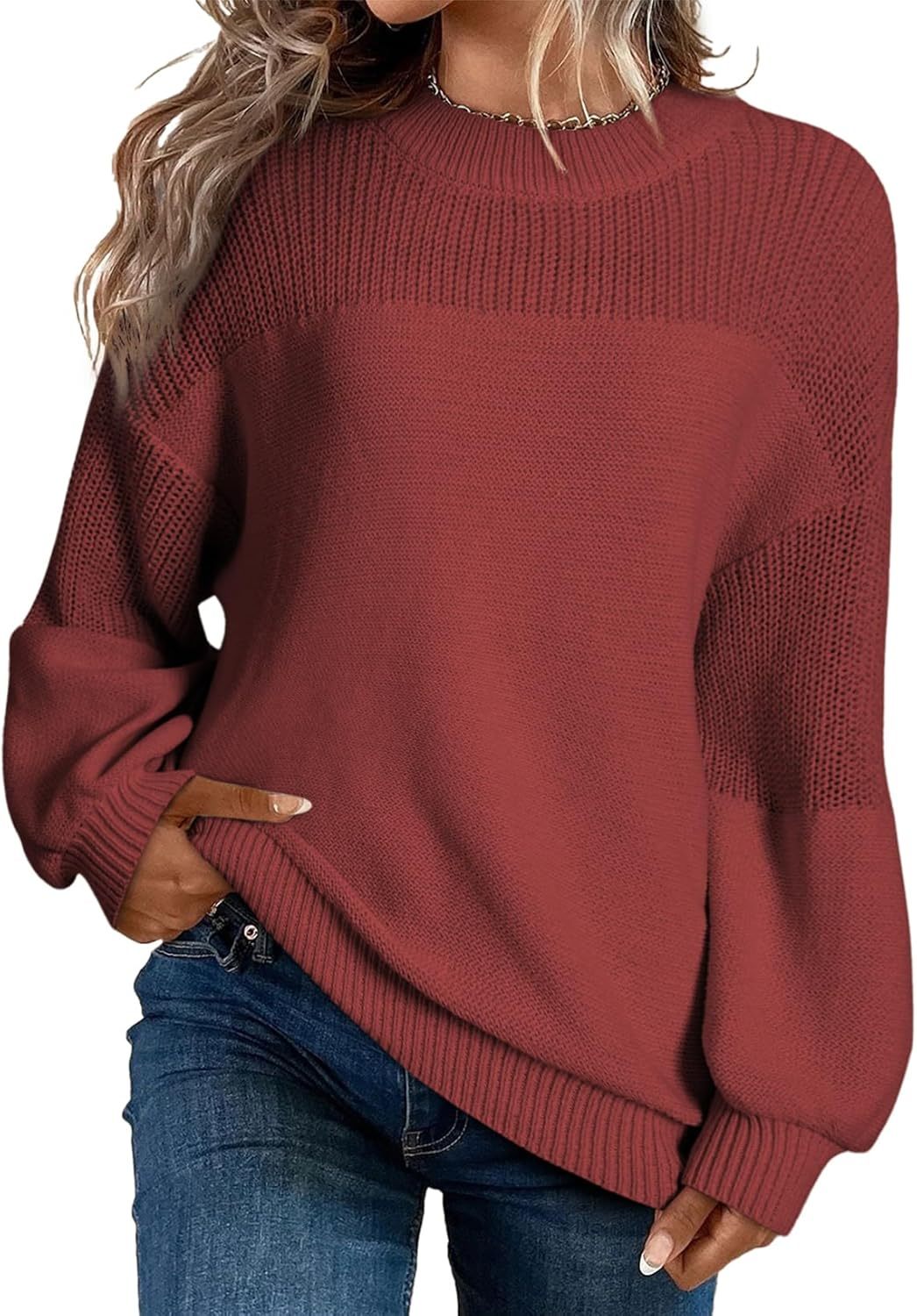 Women's Casual Long Sleeve Loose Round Neck Knit Solid Colour Pullover Sweater