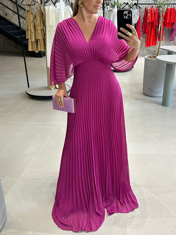 NEW🔥 V Neck Chiffon Back Tie Zipper Bat Sleeve Dress- Tax Free