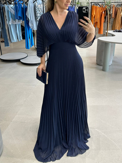 NEW🔥 V Neck Chiffon Back Tie Zipper Bat Sleeve Dress- Tax Free