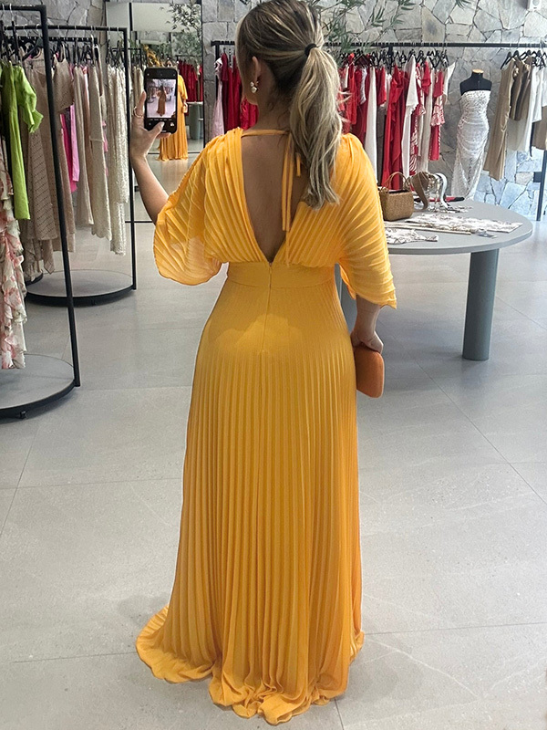 NEW🔥 V Neck Chiffon Back Tie Zipper Bat Sleeve Dress- Tax Free