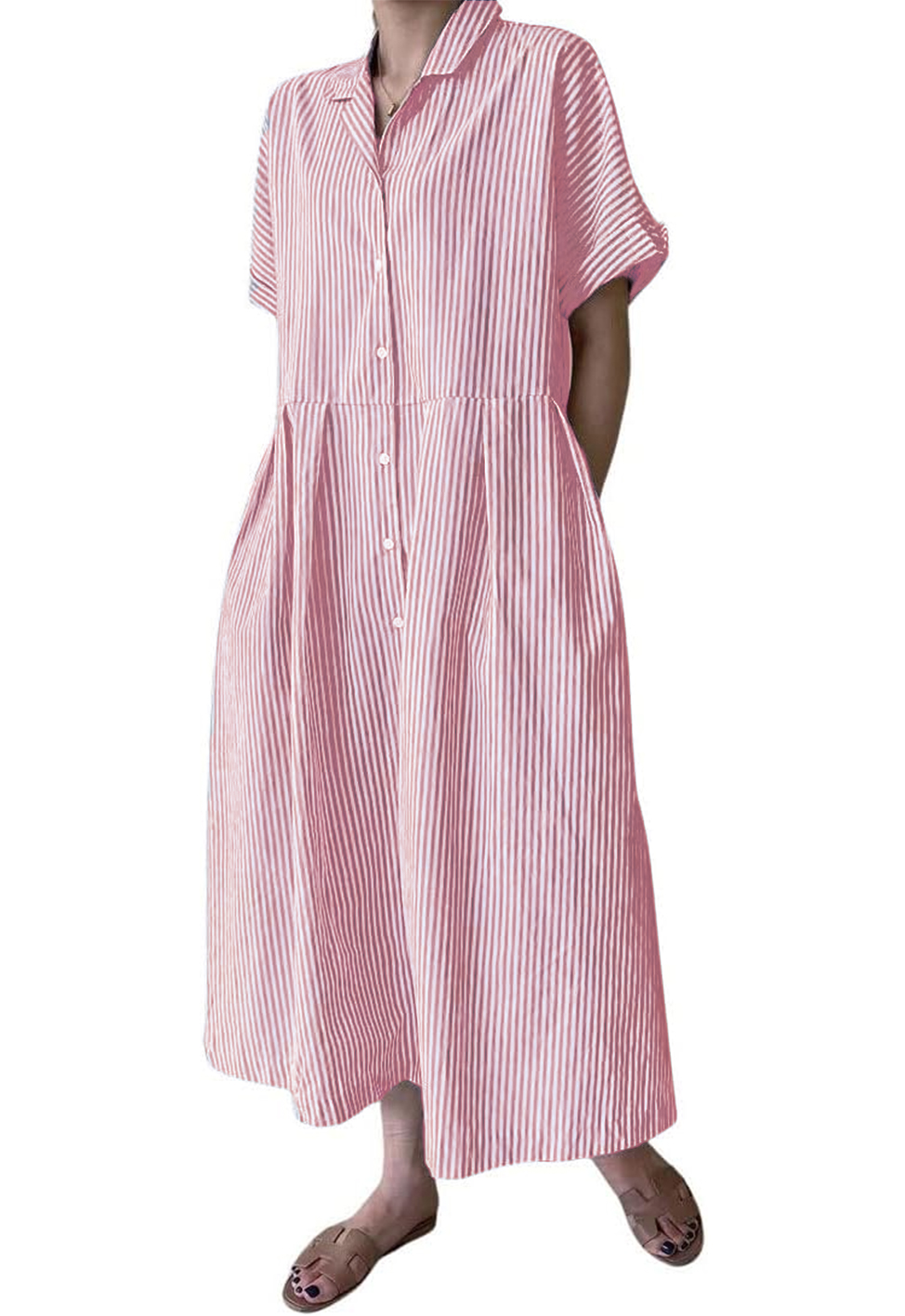 Women's Cotton Striped Shirt Dress Button Up Short Sleeve Midi Long Shift Dress with Pockets(Buy 2 free shipping)