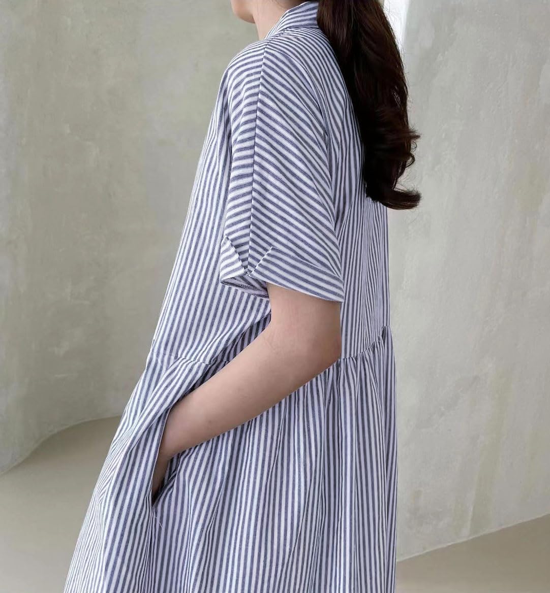 Women's Cotton Striped Shirt Dress Button Up Short Sleeve Midi Long Shift Dress with Pockets(Buy 2 free shipping)