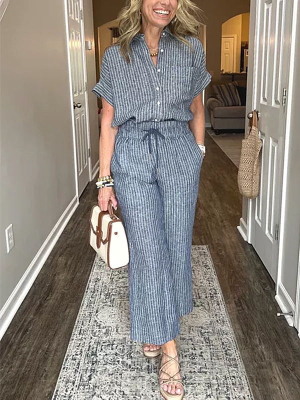 ⏰ LAST DAY SAVE 50% 💥Cotton Linen Striped Classic Pocket Shirt Set