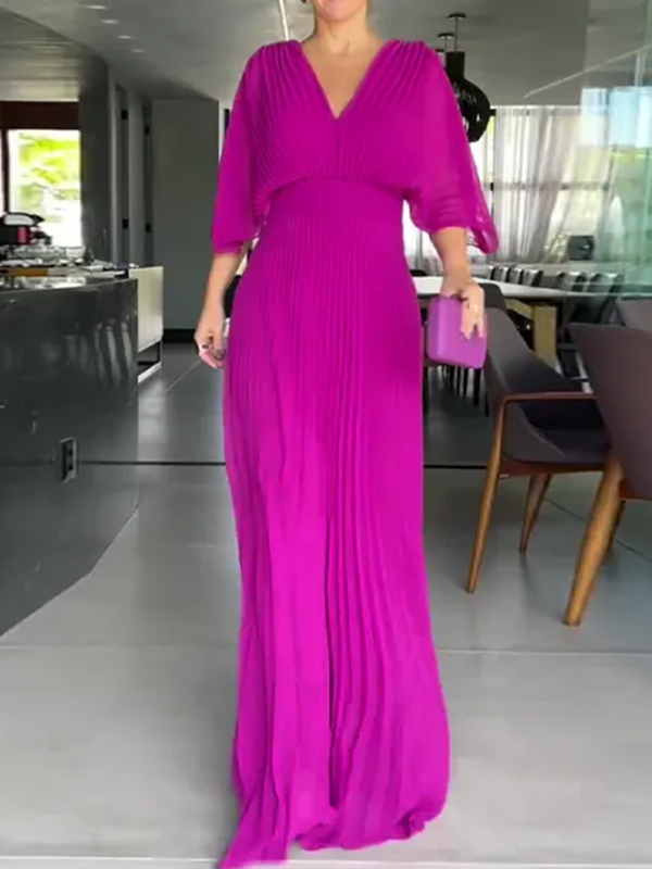 NEW🔥 V Neck Chiffon Back Tie Zipper Bat Sleeve Dress- Tax Free