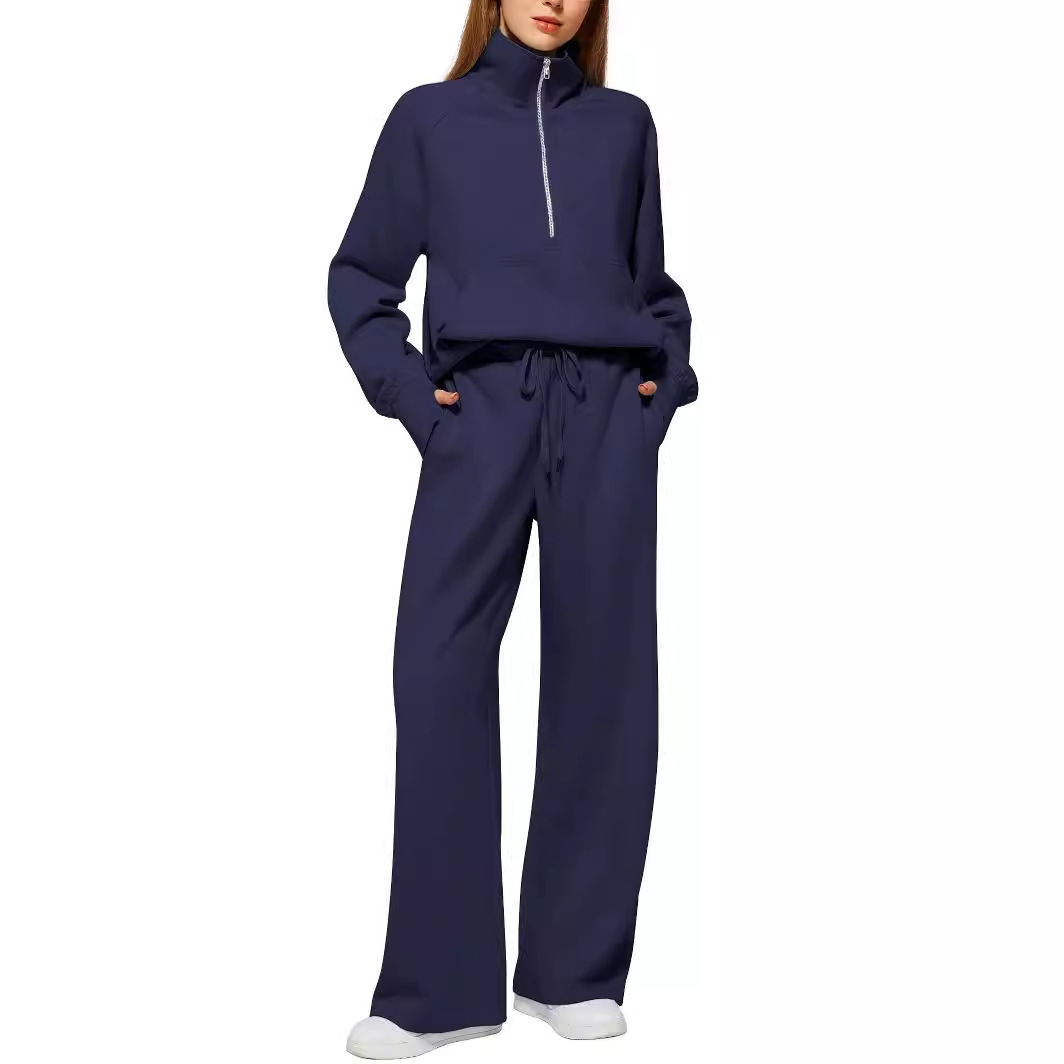 Women's two-piece oversized half-zip sweatshirt and wide-leg sweatpants casual set