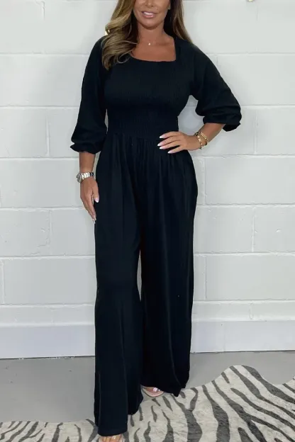 CLEARANCE🔥 Solid Color Long Sleeve Elastic Waist Wide Leg Jumpsuit