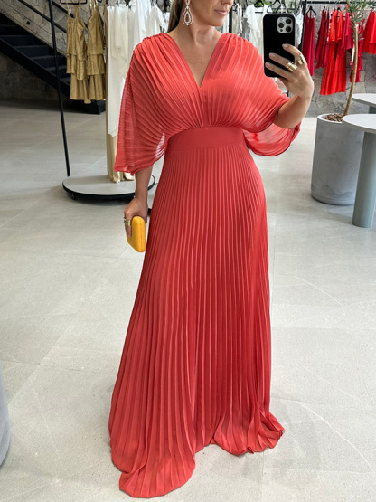 NEW🔥 V Neck Chiffon Back Tie Zipper Bat Sleeve Dress- Tax Free