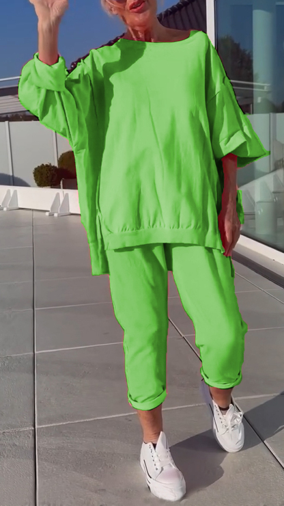 Women's Round Neck Slit Fluorescent Color Casual Suit