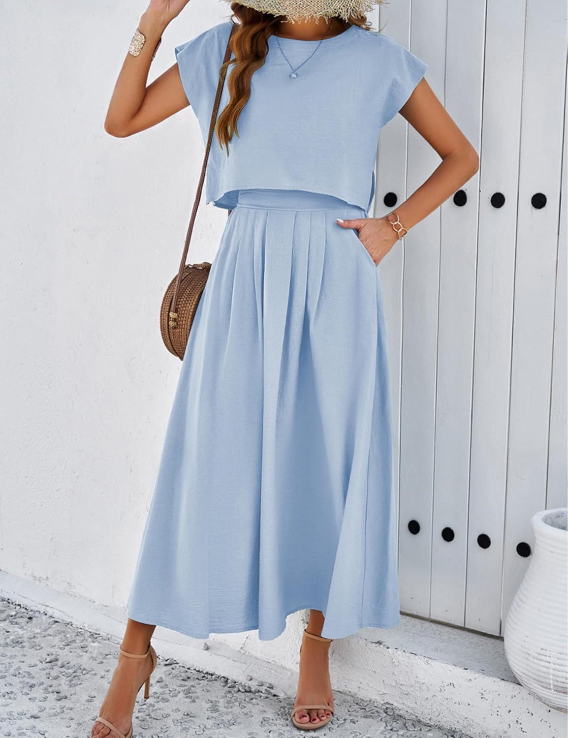 2025 Summer Skirt Sets Women 2 Piece Outfits Cap Sleeve Top Elastic Waist Maxi Dress Sets with Pockets