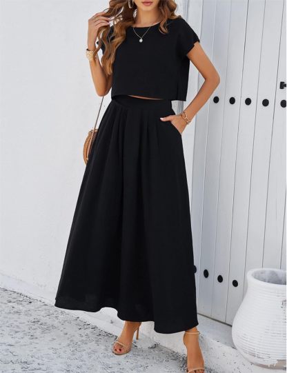 2025 Summer Skirt Sets Women 2 Piece Outfits Cap Sleeve Top Elastic Waist Maxi Dress Sets with Pockets