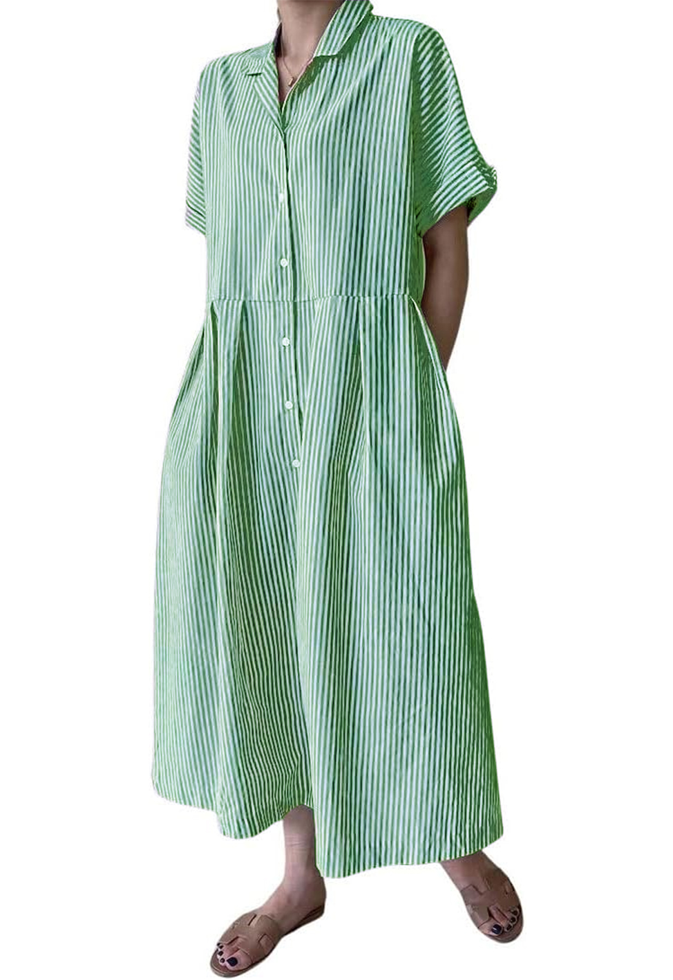Women's Cotton Striped Shirt Dress Button Up Short Sleeve Midi Long Shift Dress with Pockets(Buy 2 free shipping)