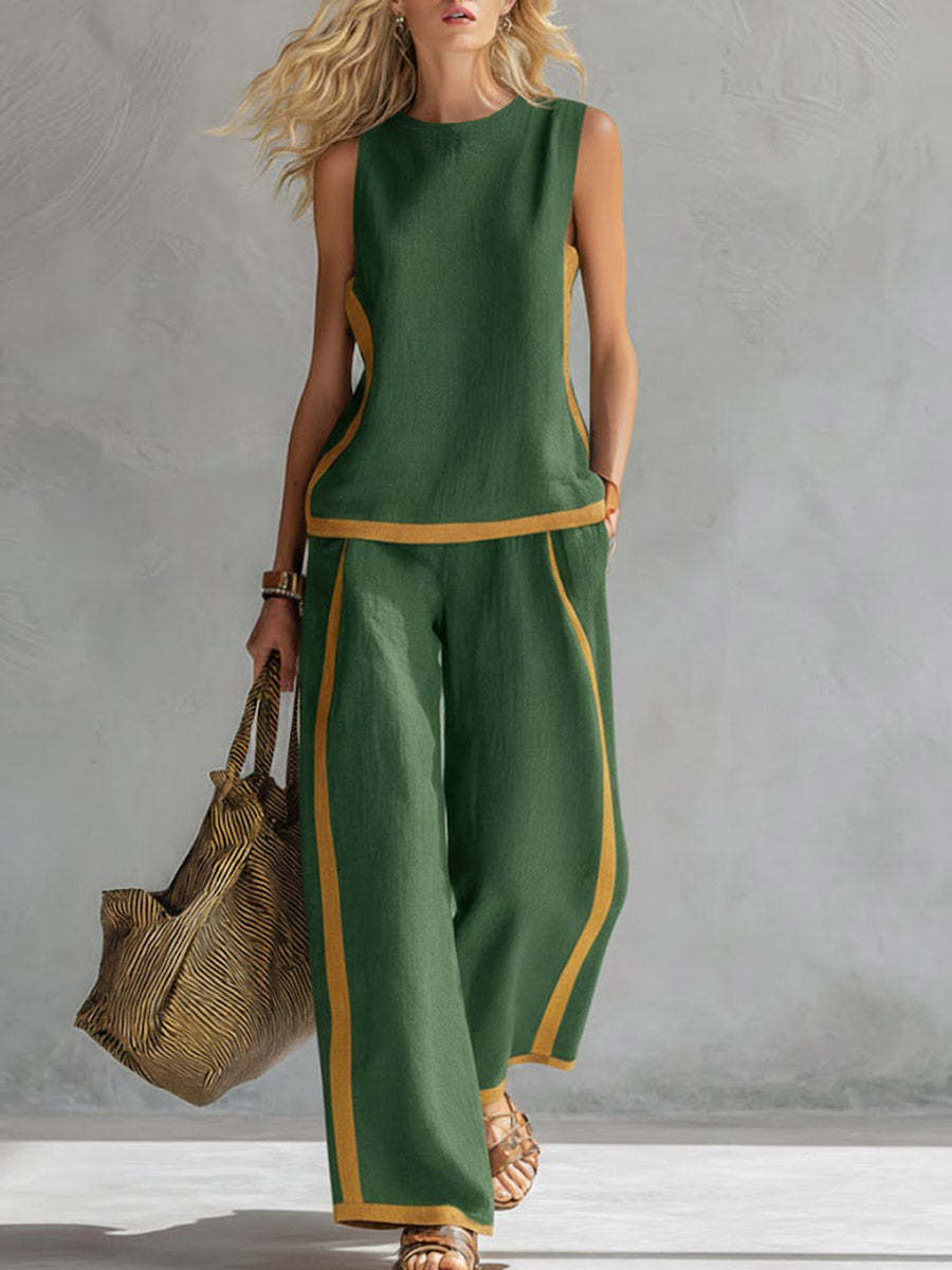 Women's Round Neck Sleeveless Casual Loose Top And High-waisted Loose Wide-leg Pants Cotton And Linen Set.