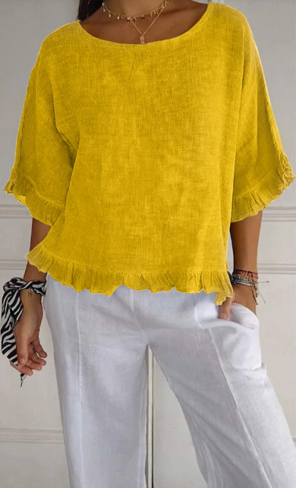 🔥Clearance Sale🔥 Women's Round Neck Ruffled Cotton And Linen Top