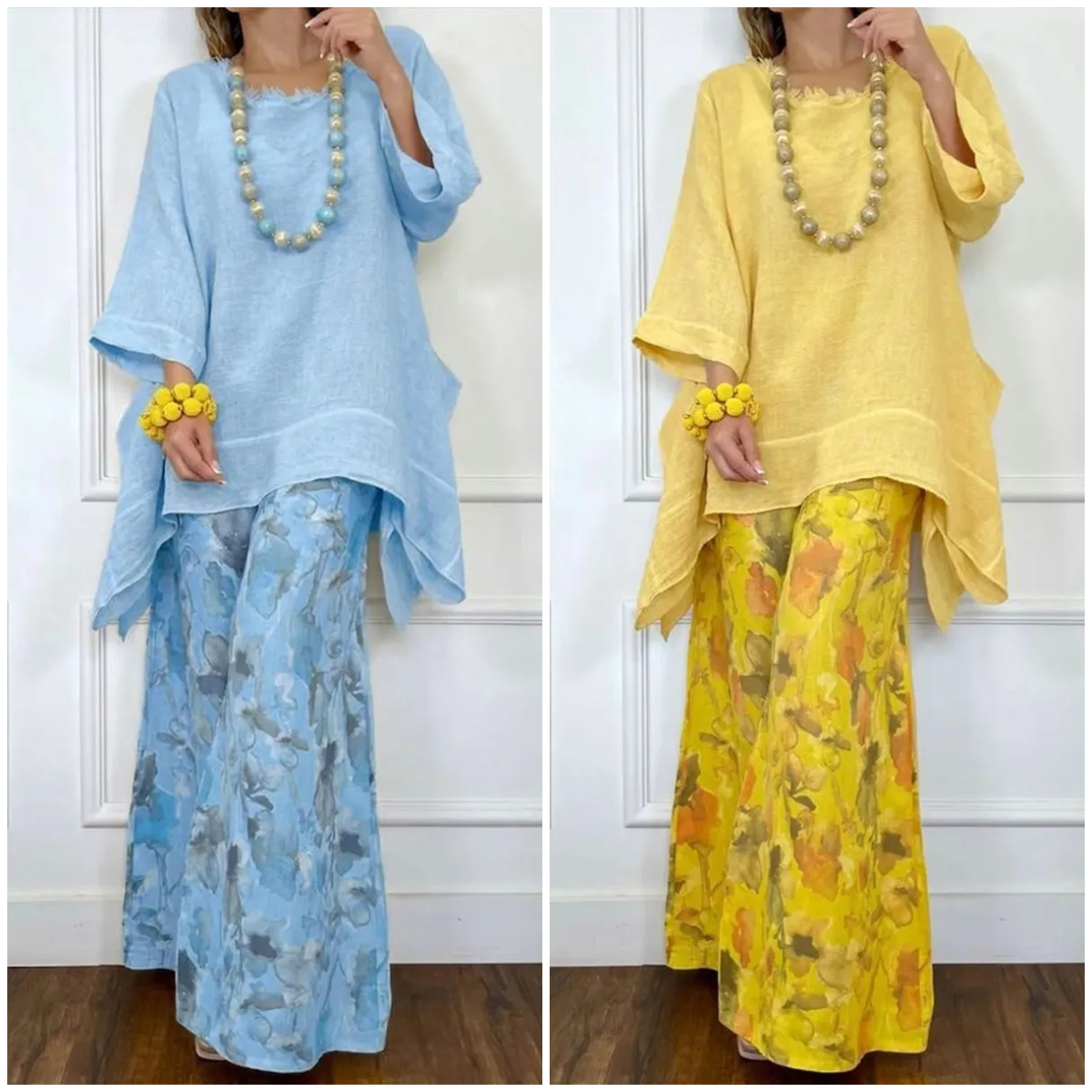 Loose-fit Casual Linen & Cotton Top And Floral-print Pants Two-piece Set