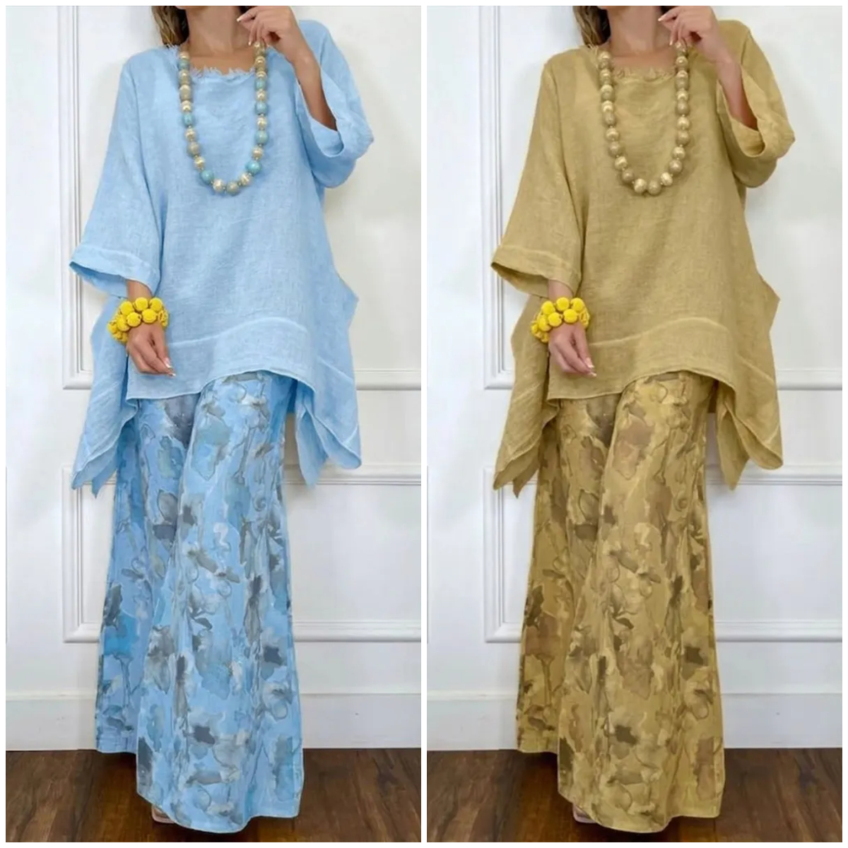 Loose-fit Casual Linen & Cotton Top And Floral-print Pants Two-piece Set