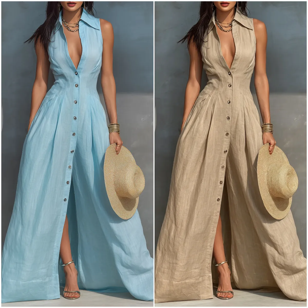 Women's Minimalist Linen-Blend Sleeveless Collared Single-Breasted Maxi Dress