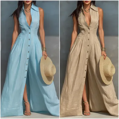 Women's Minimalist Linen-Blend Sleeveless Collared Single-Breasted Maxi Dress