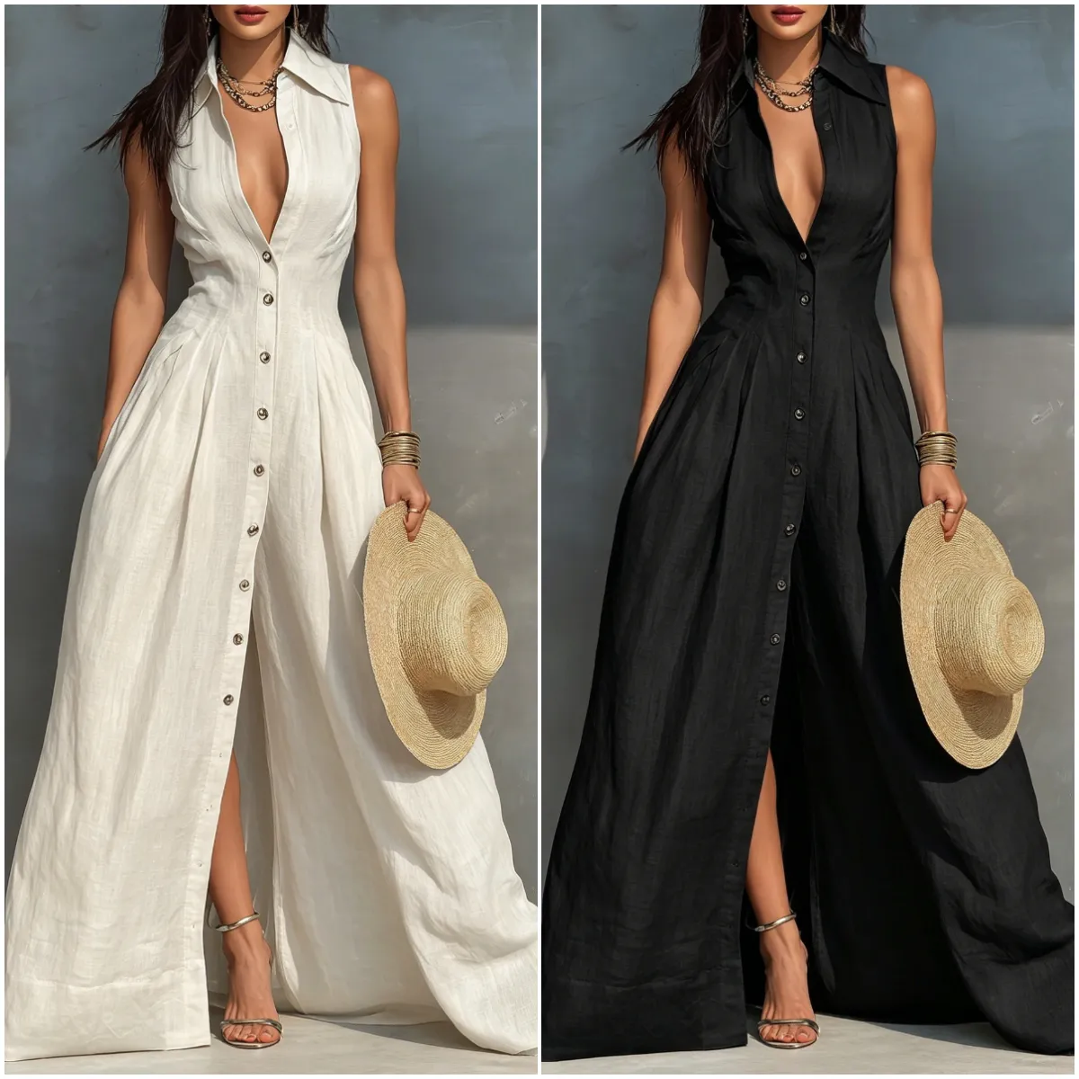 Women's Minimalist Linen-Blend Sleeveless Collared Single-Breasted Maxi Dress