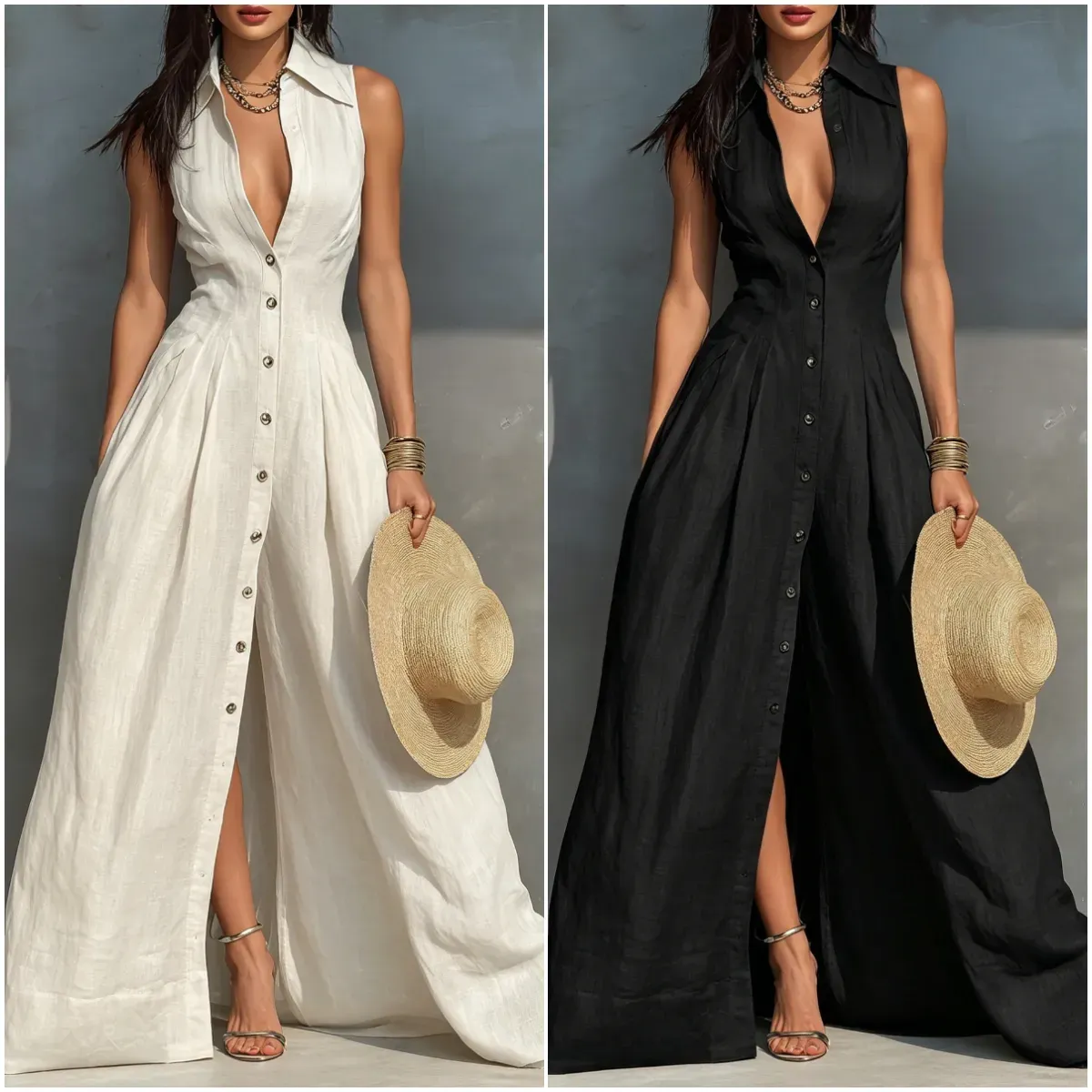 Women's Minimalist Linen-Blend Sleeveless Collared Single-Breasted Maxi Dress