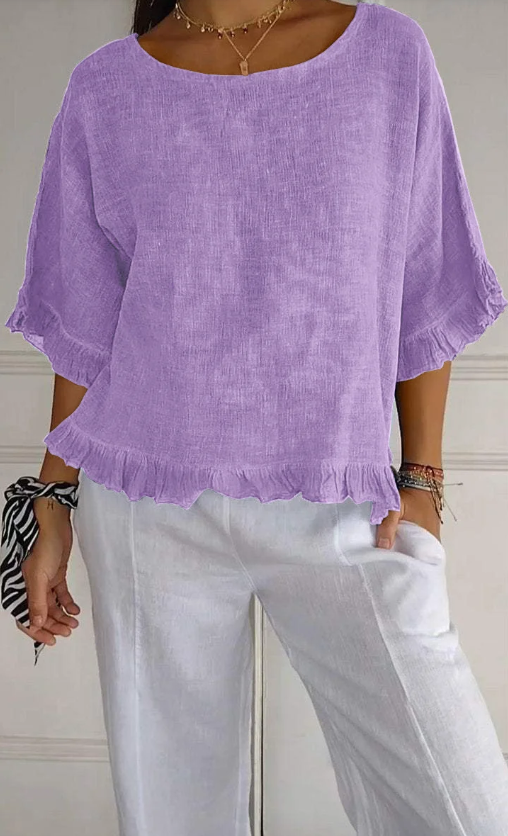 🔥Clearance Sale🔥 Women's Round Neck Ruffled Cotton And Linen Top