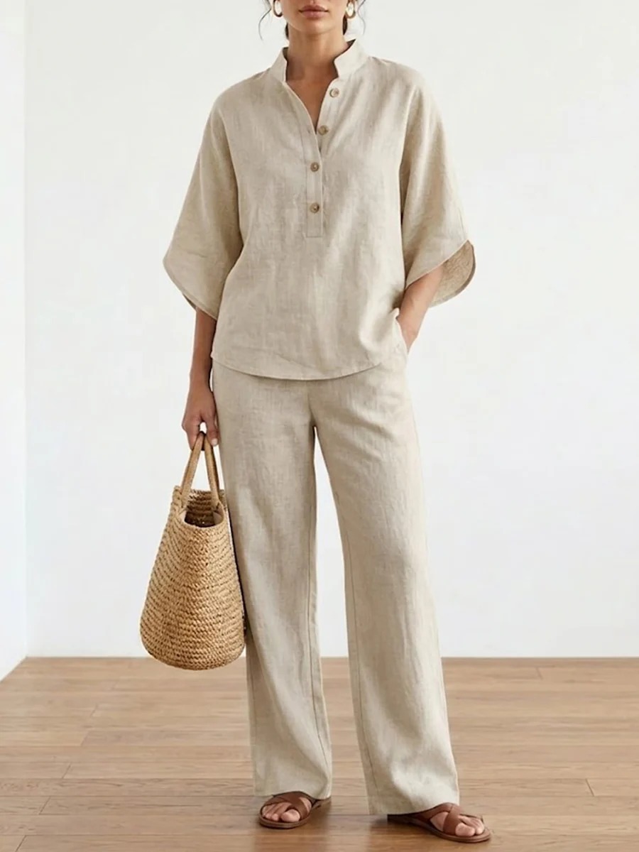 Plus Size Friendly Women’s Batwing Sleeve Linen Cotton Two-Piece Set – Casual Shirt & Wide Leg Pants Outfit