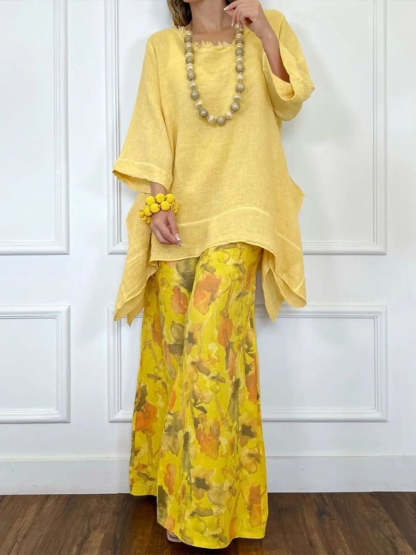 Loose-fit Casual Linen & Cotton Top And Floral-print Pants Two-piece Set