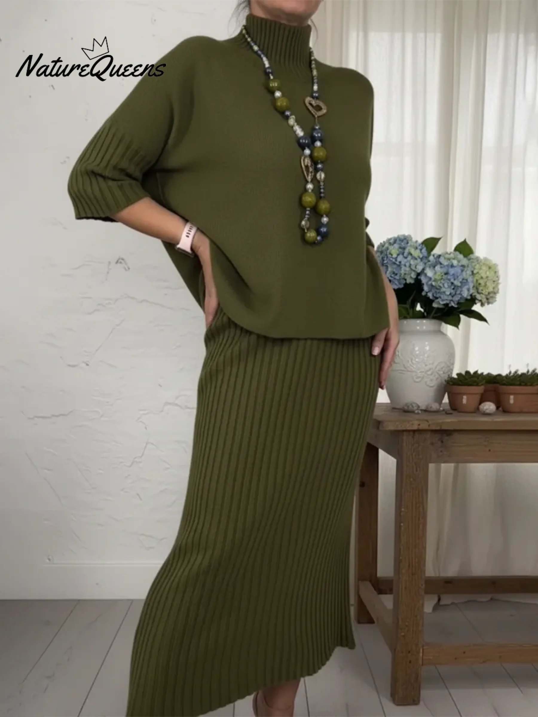 Elegant Knitted Turtleneck Sweater And Skirt Two-piece Set