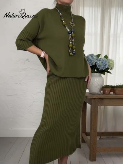 Elegant Knitted Turtleneck Sweater And Skirt Two-piece Set