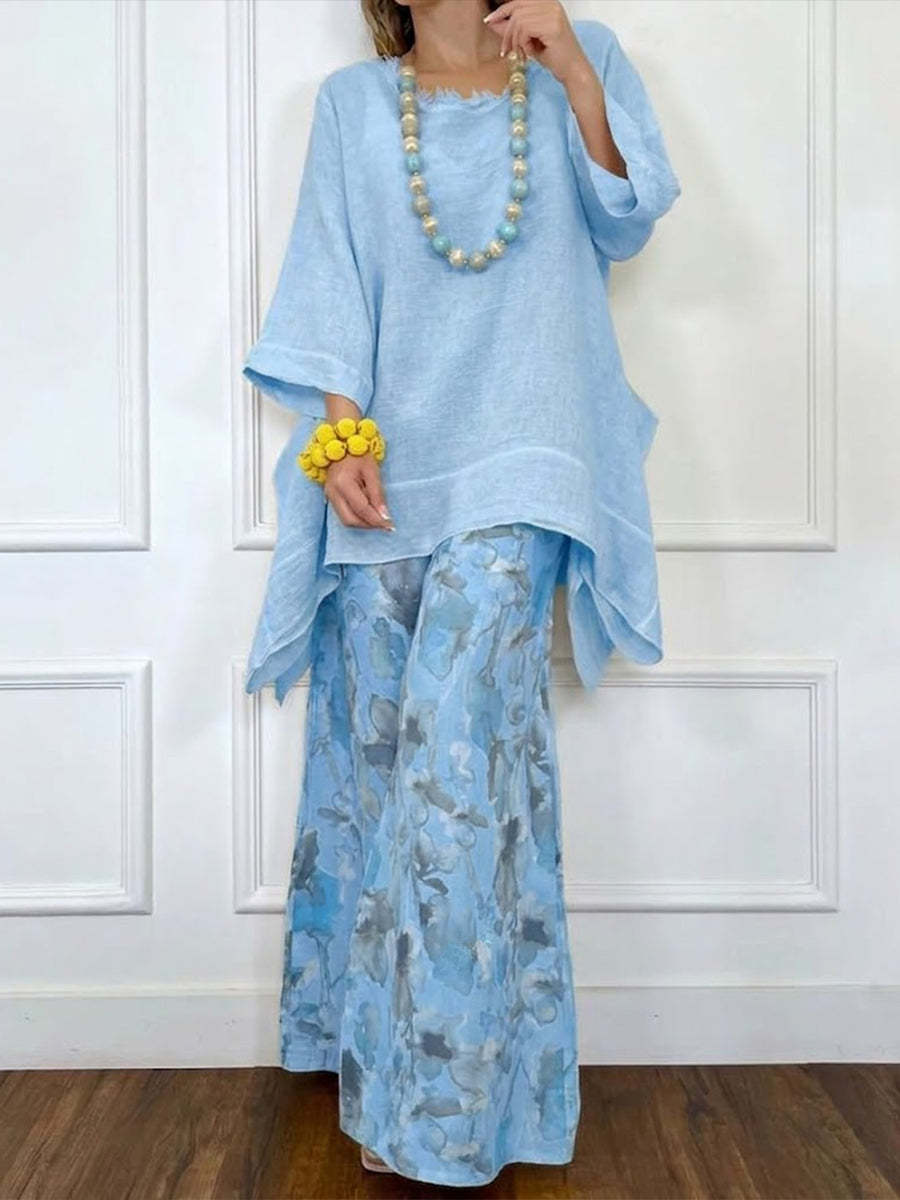 Loose-fit Casual Linen & Cotton Top And Floral-print Pants Two-piece Set