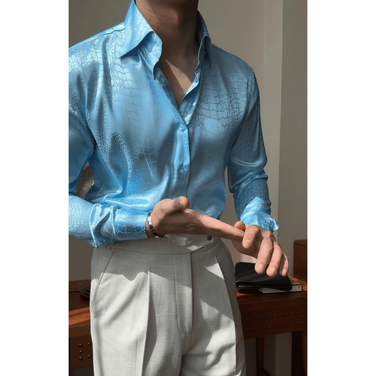 Men's crocodile-textured light luxury jacquard wrinkle-resistant versatile slim-fit long-sleeve shirt