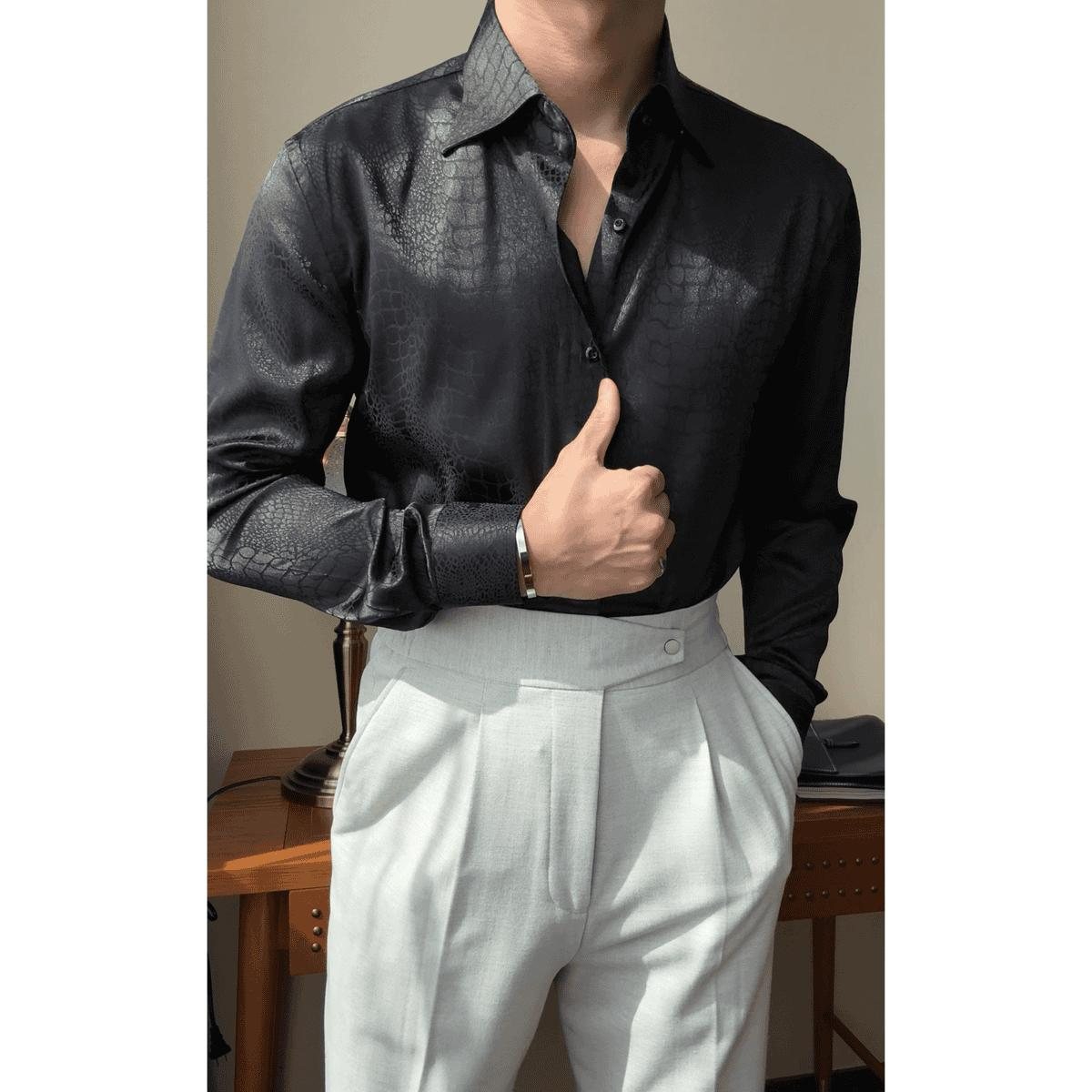 Men's crocodile-textured light luxury jacquard wrinkle-resistant versatile slim-fit long-sleeve shirt