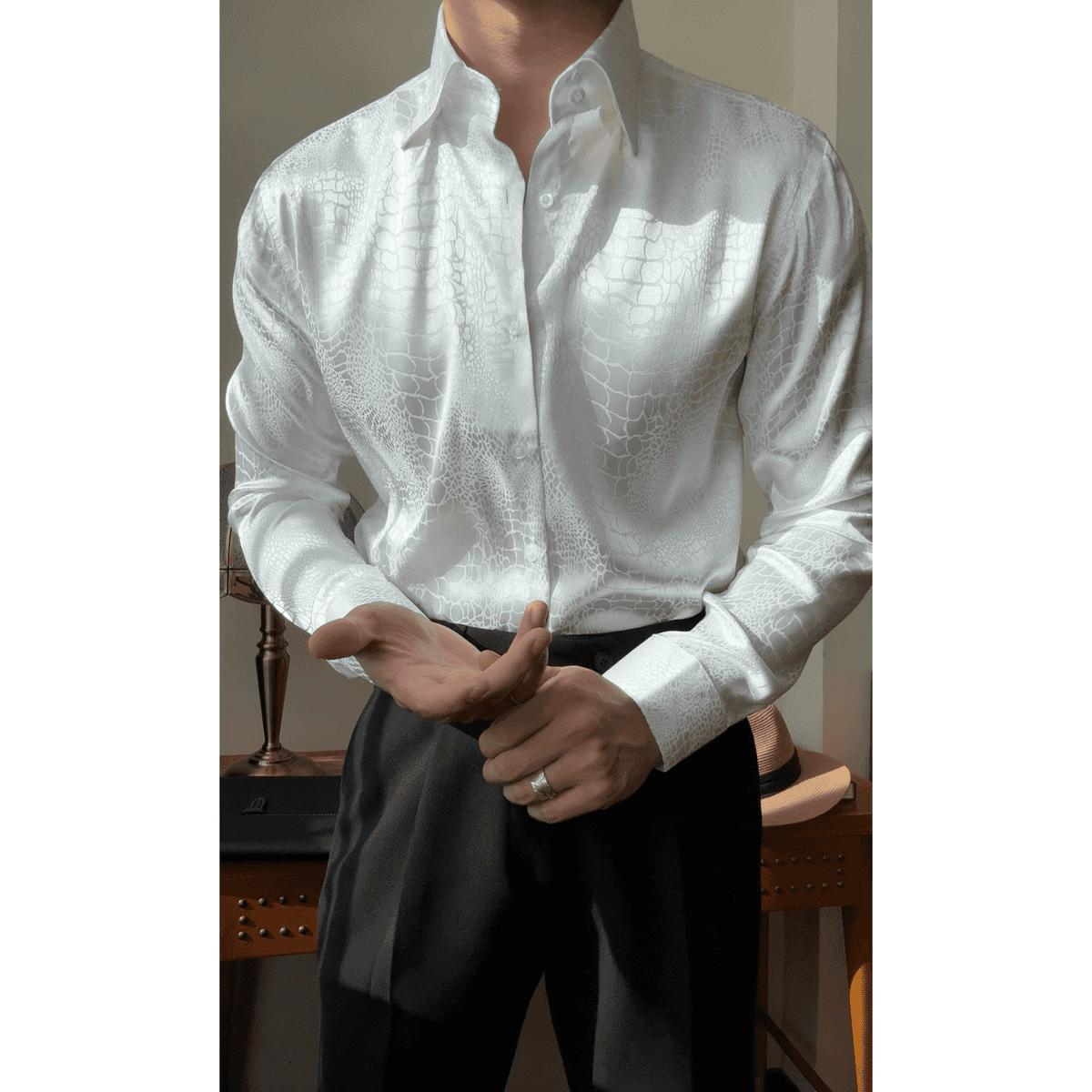 Men's crocodile-textured light luxury jacquard wrinkle-resistant versatile slim-fit long-sleeve shirt