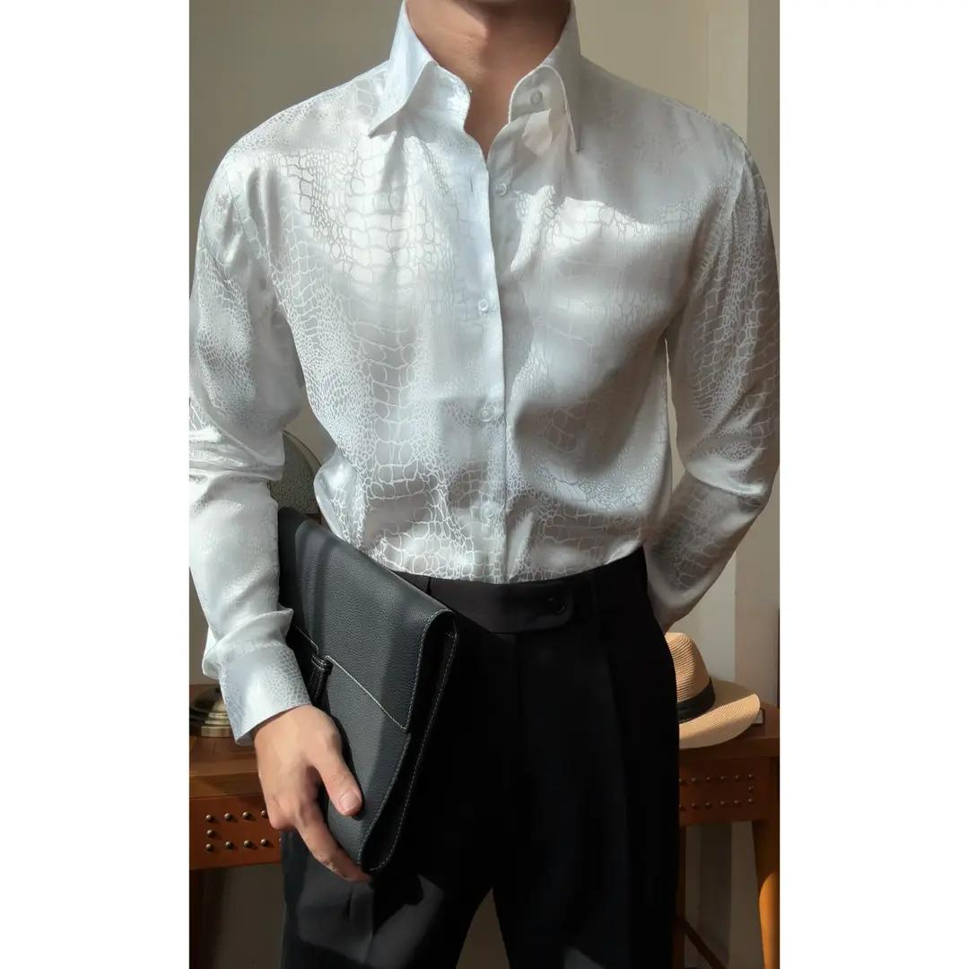 Men's crocodile-textured light luxury jacquard wrinkle-resistant versatile slim-fit long-sleeve shirt