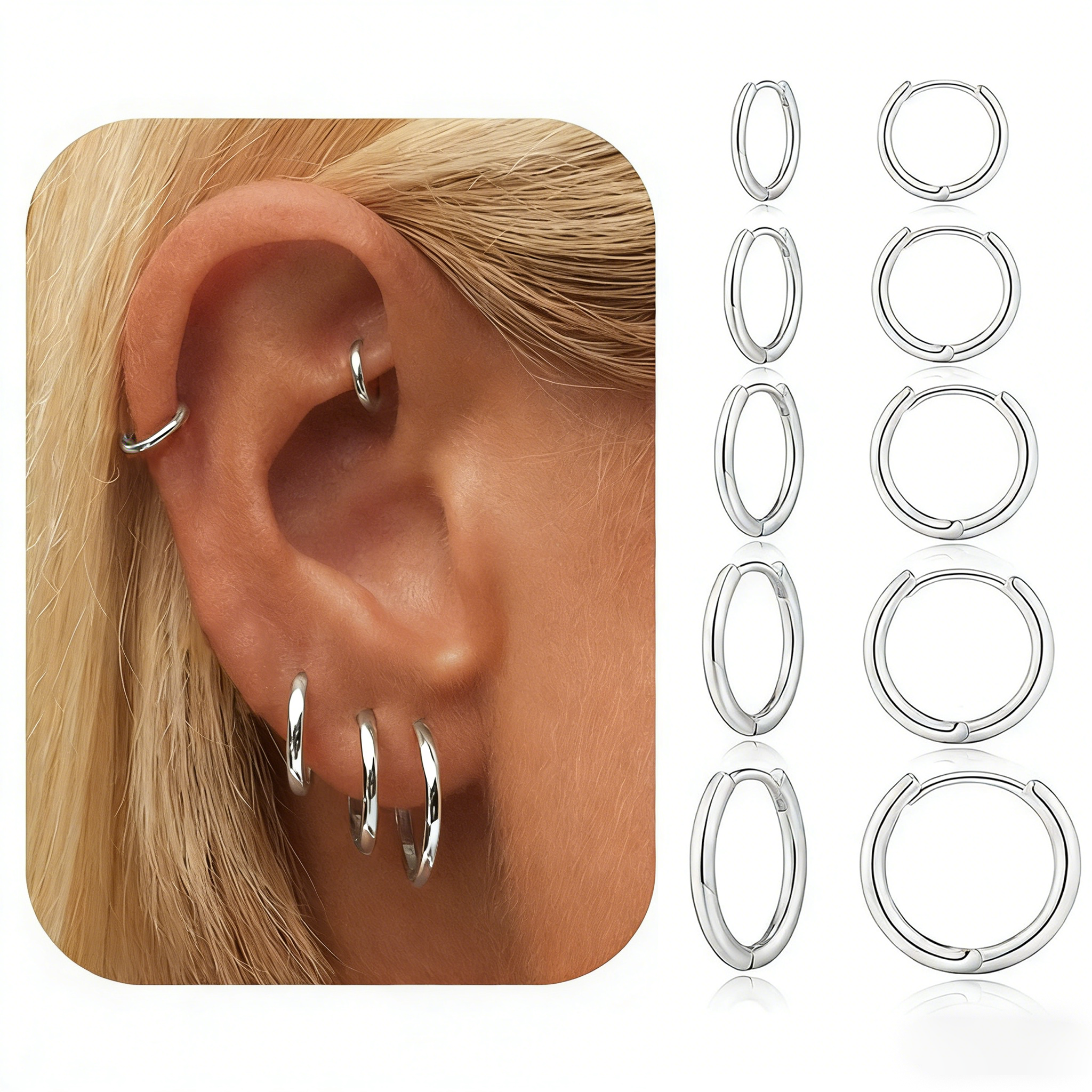 Sterling Silver Earrings for Women 5 Pairs Small Silver Hoop Earrings Hypoallergenic Mini Tiny Stacks Cartilage Hoops Helix Huggies Earrings For Women 6/8/10/12/14mm