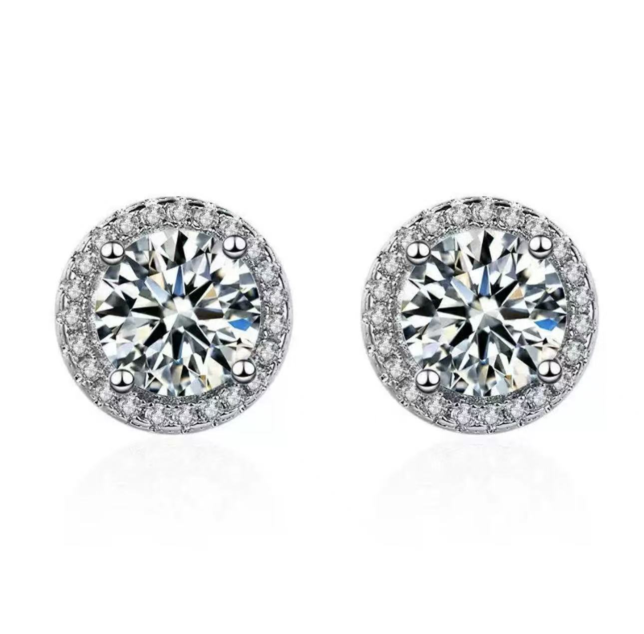 European & American Women's Fashion High-End Full Diamond Princess Halo Stud Earrings Live Stream Hot Selling Accessories Silver-Plated Earrings for Women