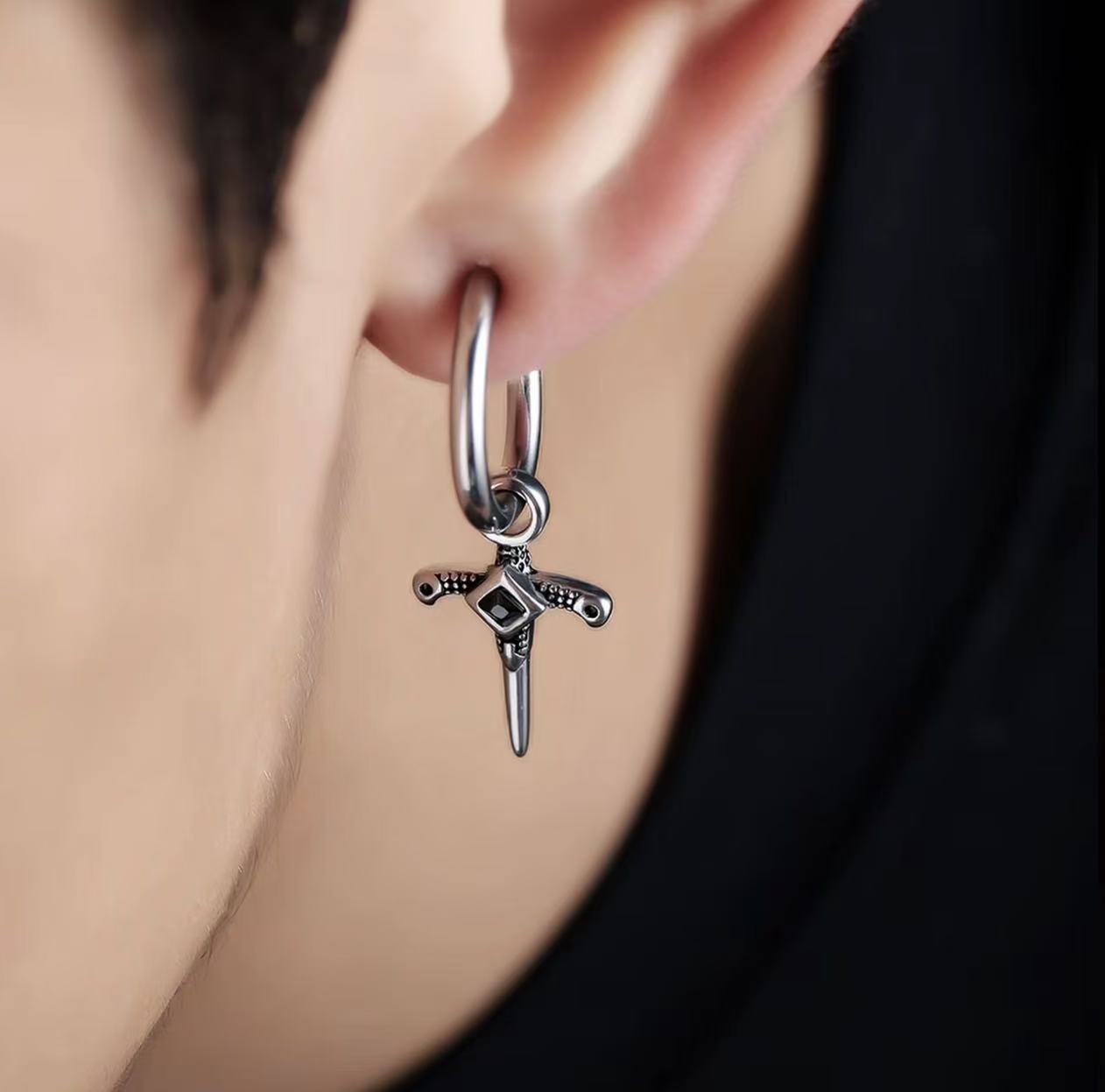 Titanium Steel Earrings with Synthetic Zircon - Men's Niche Luxury INS-Style Black Zircon Cross Design