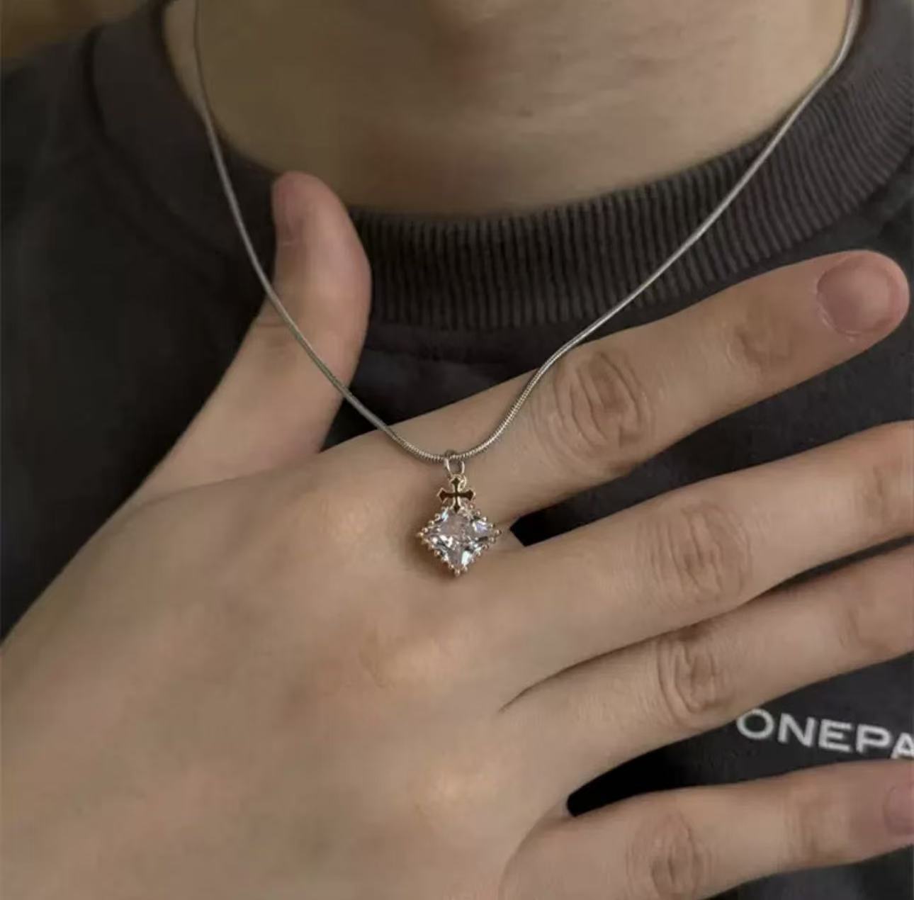 American Trendy Cross Zircon Pendant Necklace for Men, Minimalist & Versatile Titanium Steel Sweater Chain, Couple Clavicle Necklace Jewelry