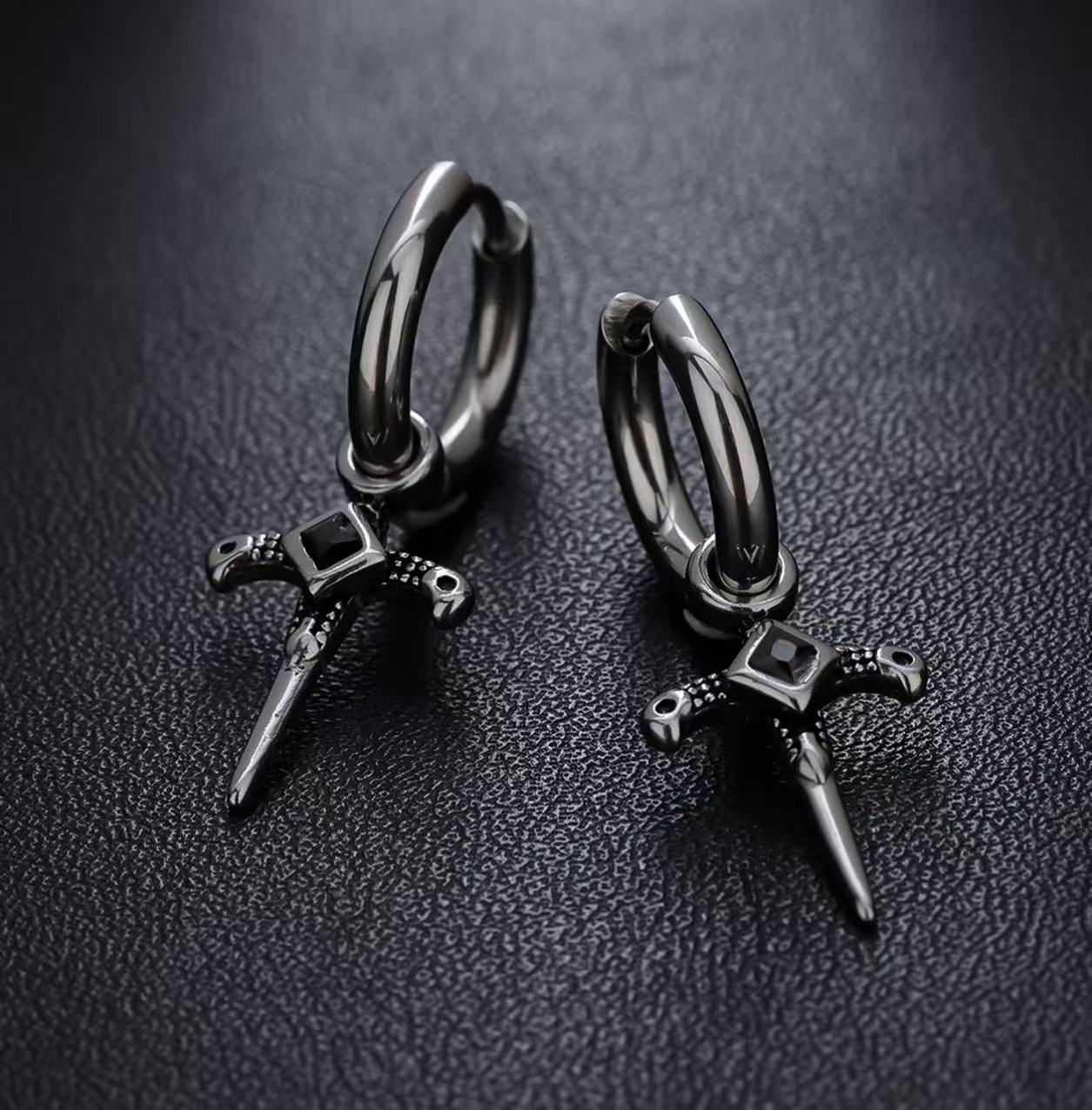 Titanium Steel Earrings with Synthetic Zircon - Men's Niche Luxury INS-Style Black Zircon Cross Design
