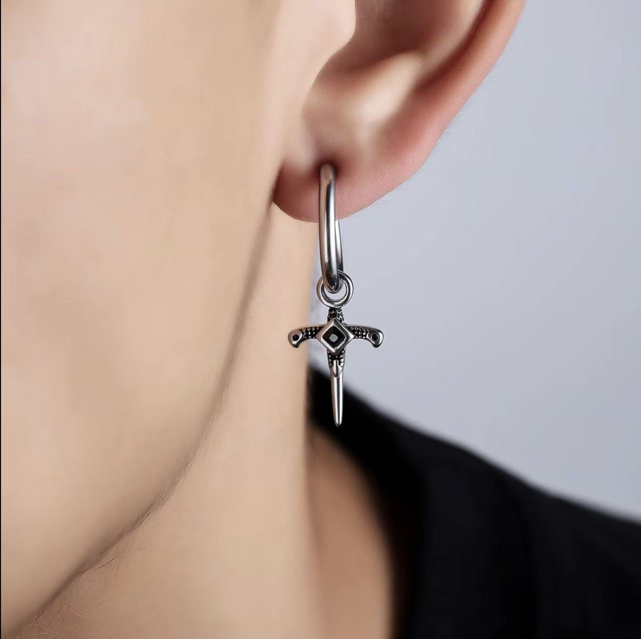 Titanium Steel Earrings with Synthetic Zircon - Men's Niche Luxury INS-Style Black Zircon Cross Design